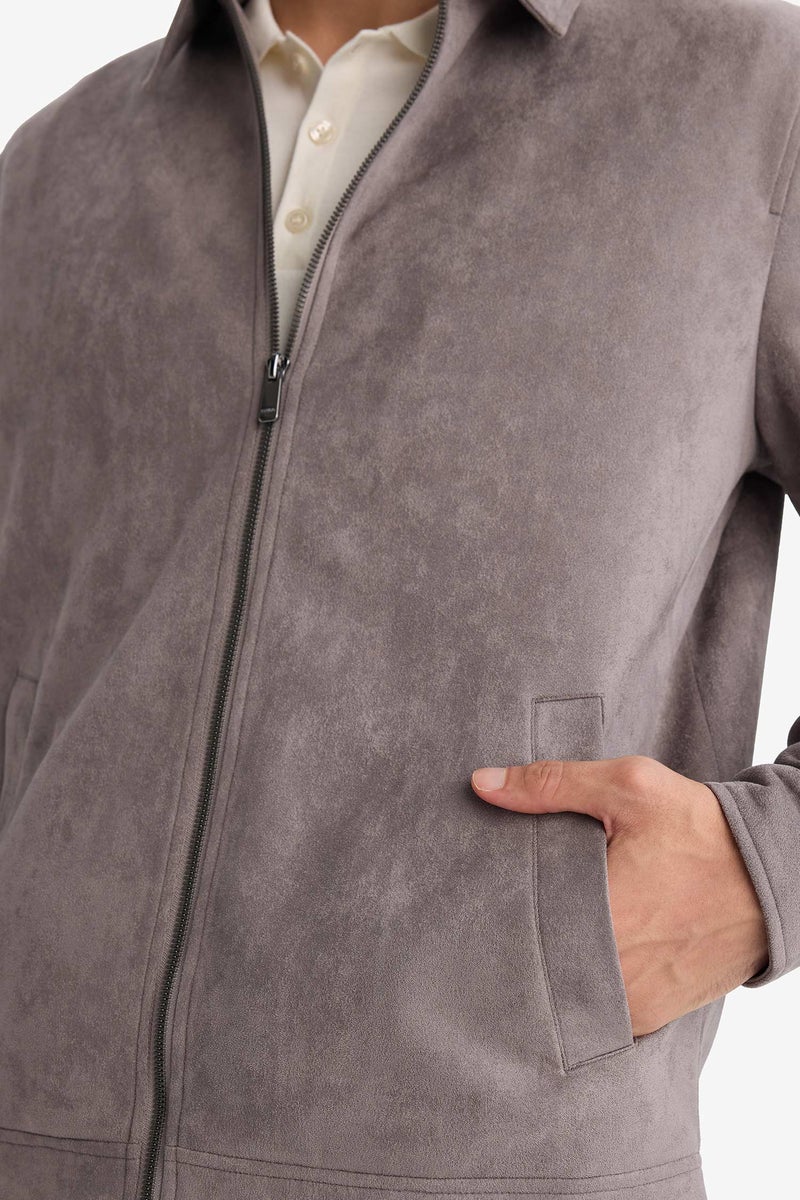 DeFacto Grey Man Regular Fit Polo Collar Lined Zip-Up Suede Jacket Casual - Image 4